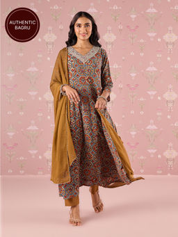 Likha - Mustard Karigar Korner Bagru Printed Anarkali Pant and Dupatta LIKKKSKD06 (Set of 3)