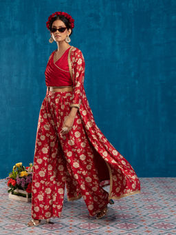Gajra Gang - Red Printed Co-ord Set & shrug GGSKD53 (Set of 3)