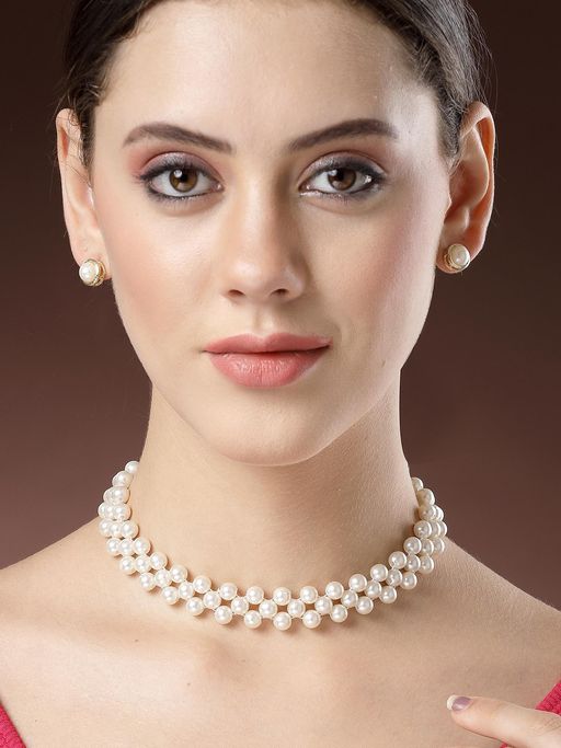 Karatcart Gold Plated Kundan Pearl Beaded Jali Choker Jewellery Set for Women