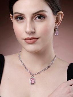 Karatcart - Silver Plated Pink Cubic Zirconia Studded Jewellery Set for Women