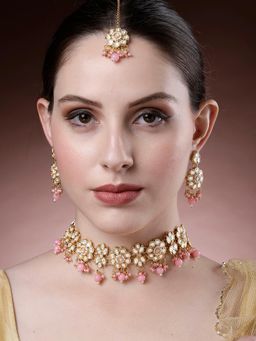 Karatcart - Pink Beads Floral Design Kundan Choker Jewellery Set for Women