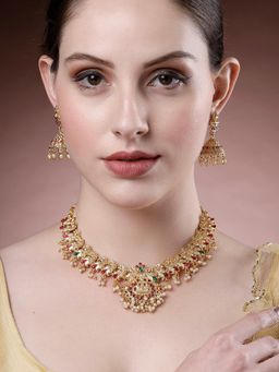 Karatcart - Gold-Plated Red and Green Stone Studded and Beaded Temple Jewellery Set