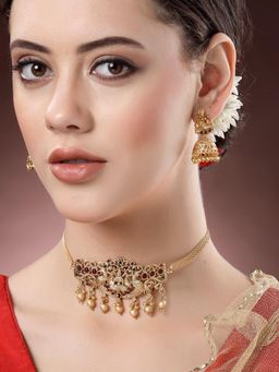 Karatcart - Gold Plated Red and Green Stone Laxmi Mata Choker Temple Jewellery Set for Women