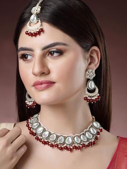 Karatcart - Traditional Gold Plated Red Beads Polki Kundan Choker Jewellery Set