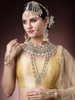 Karatcart - Gold Plated Lime Green and Pink Enamel Traditional Kundan Dulhan Bridal Jewellery Set