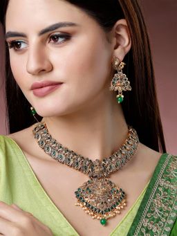 Karatcart - Traditional Gold Plated Green Stone Laxmi Mata Temple Jewellery Set for Women