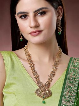 Karatcart - Traditional Gold Plated Green Bead Laxmi Mata Long Temple Jewellery Set for Women