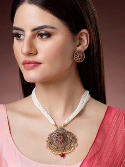 Karatcart - Gold Plated Traditional Red Stone Chakra Long Temple Jewellery Set for Women