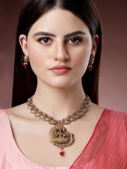 Karatcart - Graceful Gold Plated Red Bead Laxmi Mata On Peacock Long Temple Jewellery Set for Women