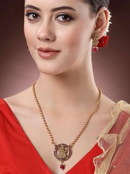Karatcart - Gold Plated Red Beads Laxmi Mata Pendant Temple Jewellery Set for Women