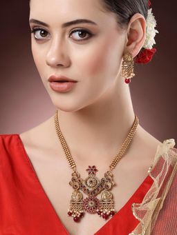Karatcart - Gold Plated Red Stone Temple Jewellery Set for Women