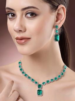Karatcart - Silver Tone Teal Cubic Zirconia Studded Necklace Set for Women