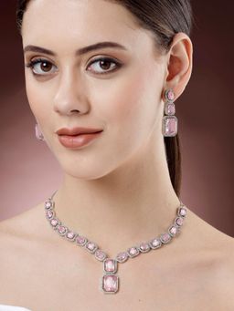Karatcart - Silver Tone Pink Cubic Zirconia Studded Necklace Set for Women