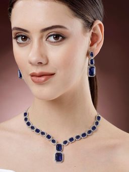 Karatcart - Silver Tone Blue Cubic Zirconia Studded Necklace Set for Women