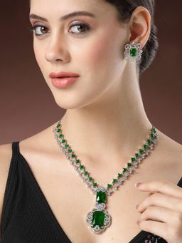 Karatcart - Silver Tone Green Cubic Zirconia Studded Necklace Set for Women
