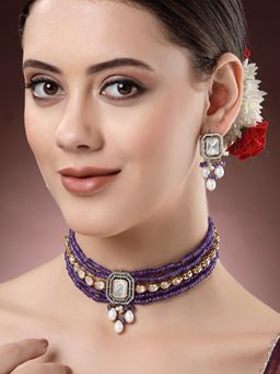 Karatcart - Cubic Zirconia Studded Purple Crystal and Polki Kundan Beaded Choker Jewellery Set