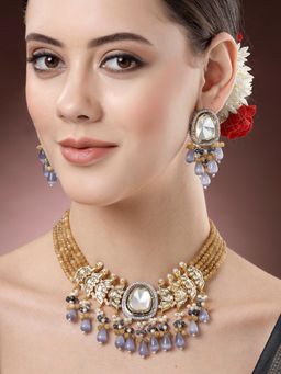 Karatcart - Gold Plated Purple Drop Bead Mustard Crystal Beaded Polki Choker Jewellery Set for Women