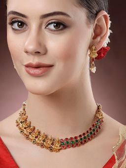 Karatcart - Gold Plated Red and Green Stone Laxmi Mata Temple Jewellery Set for Women
