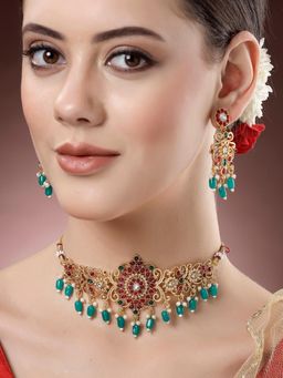 Karatcart - Red and Green Stone Gold Plated Floral Temple Jewellery Set for Women