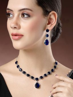 Karatcart - Silver Plated Blue Drop Shape Cubic Zirconia Studded Jewellery Set for Women