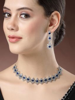 Karatcart - Blue American Diamond Silver Tone Jewellery Set for Women