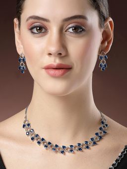 Karatcart - Blue Triangular American Diamond Silver Tone Jewellery Set for Women