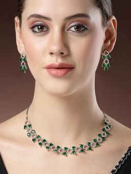 Karatcart - Green Triangular American Diamond Silver Tone Jewellery Set for Women