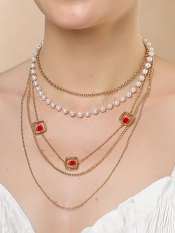 Karatcart - Gold-Plated Red Stone Multilayer Chain Necklace for Women
