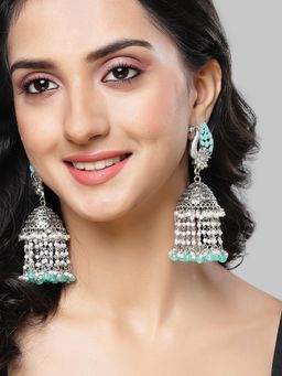 Karatcart - Oxidised Silver Light Blue Kundan Peacock Jhumki Earrings for Women