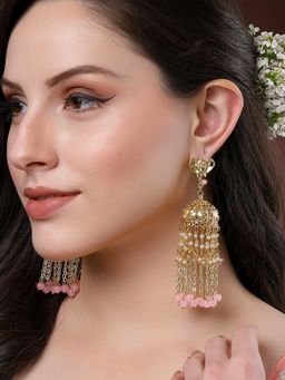 Karatcart - Elephant Design Gold Plated Pink Beads Kundan Tassel Chain Jhumki Earrings for Women