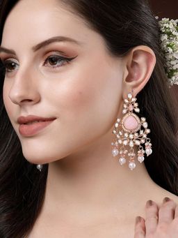 Karatcart - Rose Gold Plated Pink Carved Stone Kundan Drop Earrings for Women