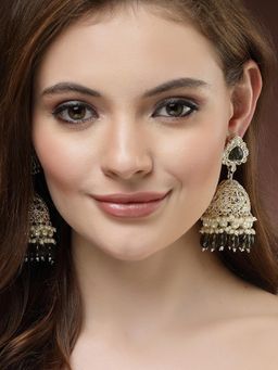 Karatcart - Gold Plated Olive Green Stone Studded Kundan Jhumki Earrings for Women