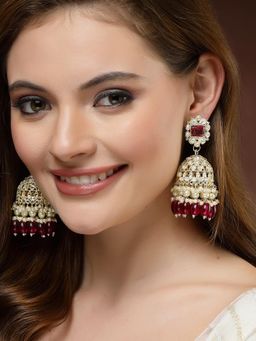 Karatcart - Gold Plated Red Stone Studded Kundan Jhumki Earrings for Women
