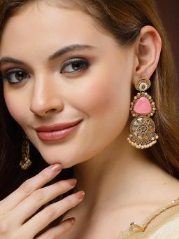 Karatcart - Gold Plated Pink Carved Stone Floral Design Drop Earrings for Women