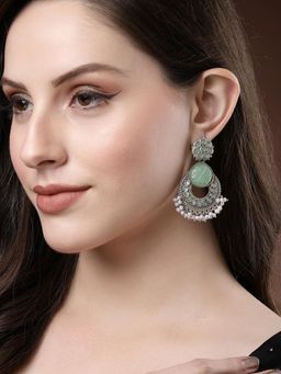 Karatcart - Oxidised Silver Light Green Carved Stone Drop Earrings for Women