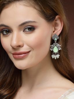 Karatcart - Oxidised Silver Green Carved Stone Drop Earrings for Women