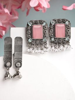 Karatcart - Set Of 2 Oxidised Silver Pink Stone Studded Stud Earrings for Women