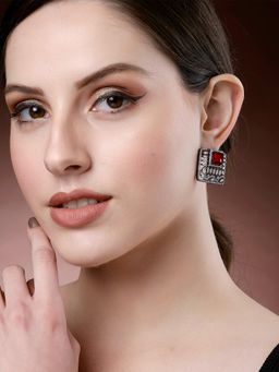 Karatcart - Black Silver Plated Red Stones Ad Stud Earrings for Women