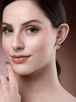 Karatcart - Red Stones Silver Plated Floral Design Ad Stud Earrings for Women