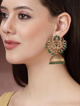 Karatcart - Green Beads Peacock Design Gold Plated Jhumki Earrings for Women