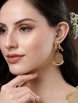 Karatcart - Gold Plated Bird Design Red Stone Drop Earrings for Women
