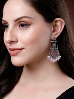 Karatcart - Oxidised Silver Pink Stone and Beads Drop Earrings for Women