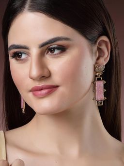 Karatcart - Pink Carved Stone Drop Gold Plated Drop Earrings for Women
