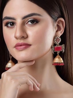 Karatcart - Gold Plated Red Stone Drop Dangler Jhumki Earrings for Women