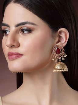 Karatcart - Gold Plated Drop Shape Red Stone Drop Jhumki Earrings for Women