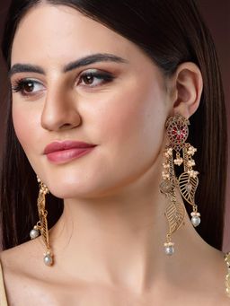 Karatcart - Gold Plated Leaf Shape Red Stone Drop Earrings for Women