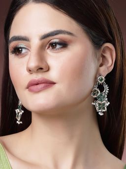 Karatcart - Oxidised Silver Green Kundan Drop Earrings for Women