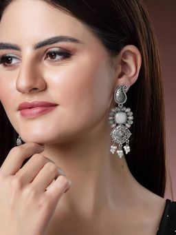 Karatcart - Oxidised Silver Pink and Lime Green Stone Floral Design Kundan Dangler Earrings for Women