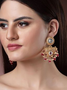 Karatcart - Traditional Gold Plated Red Beads Peacock Design Kundan Dangler Earrings for Women