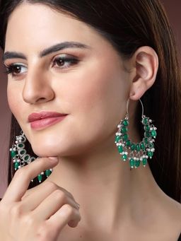 Karatcart - Oxidised Silver Green Stone Kundan Drop Earrings for Women